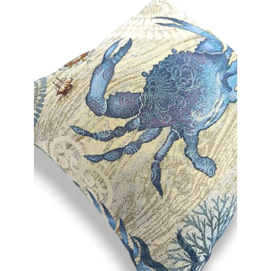 Dwustronna poduszka gobelinowa z krabem 45x45 Morskie Opowieści - beż i błękit