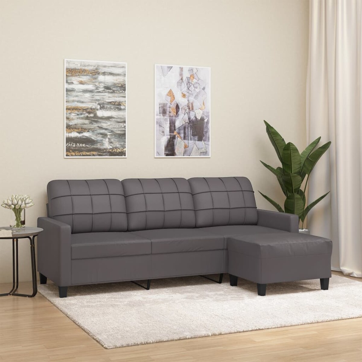 vidaXL 3-osobowa sofa z podnóżkiem, szary, 180 cm, sztuczna skóra