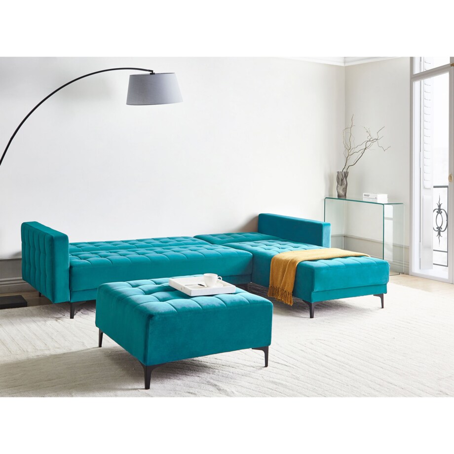 Sofa rozkładana lewostronna welurowa z otomaną morska ABERDEEN