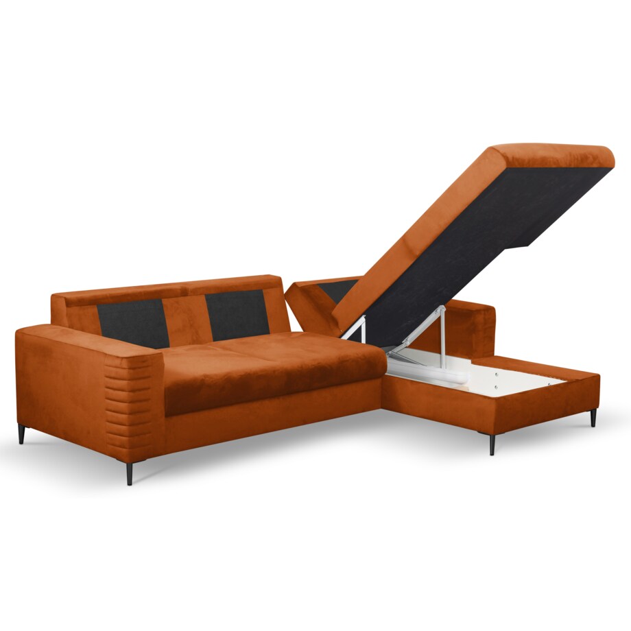 Narożnik rozkładany z zagłówkiem i pojemnikiem OLI, prawostronny, rdzawy