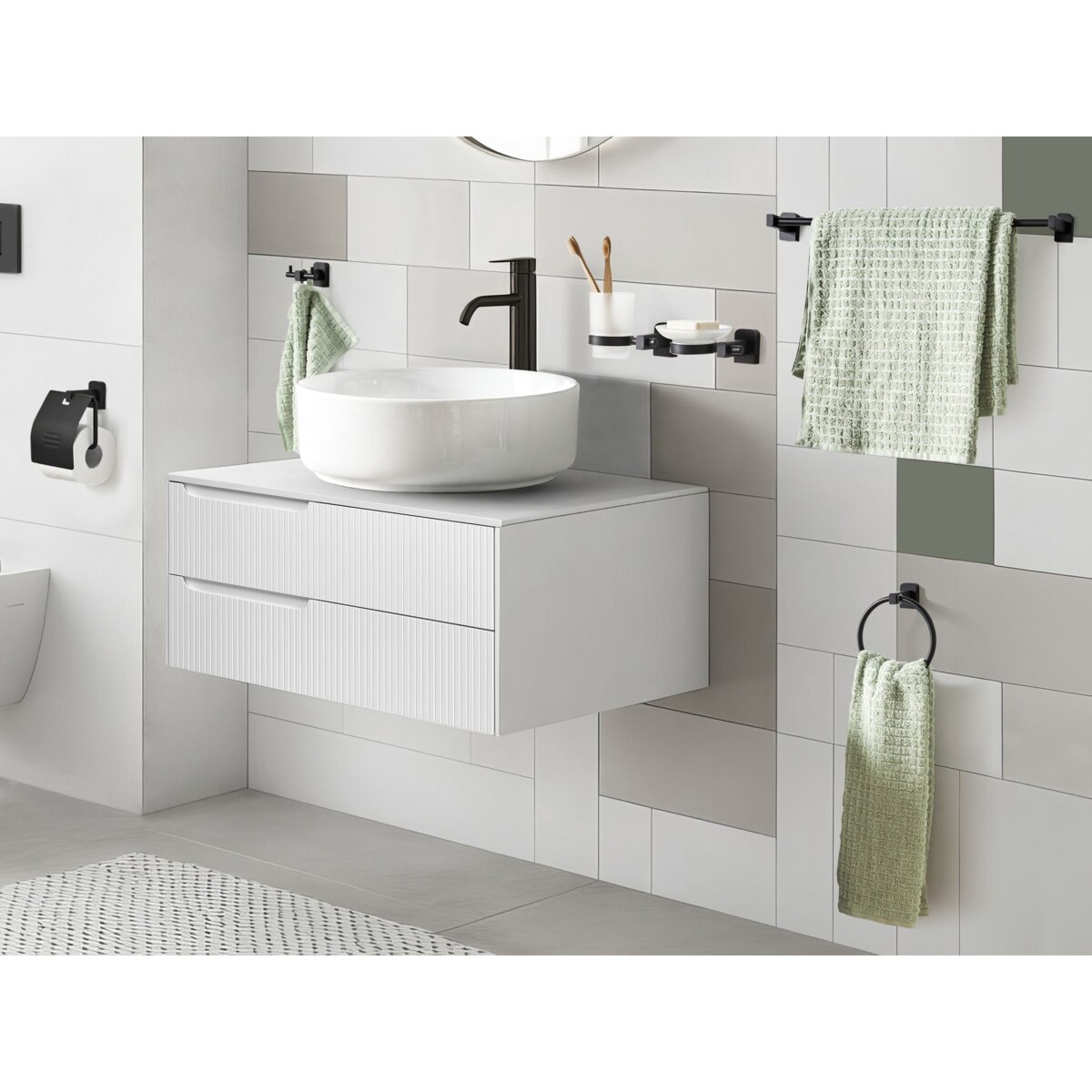 Zestaw akcesoriów toaletowych 6 elementów POCONE Z uchwytami i haczykami na ręczniki Czarny