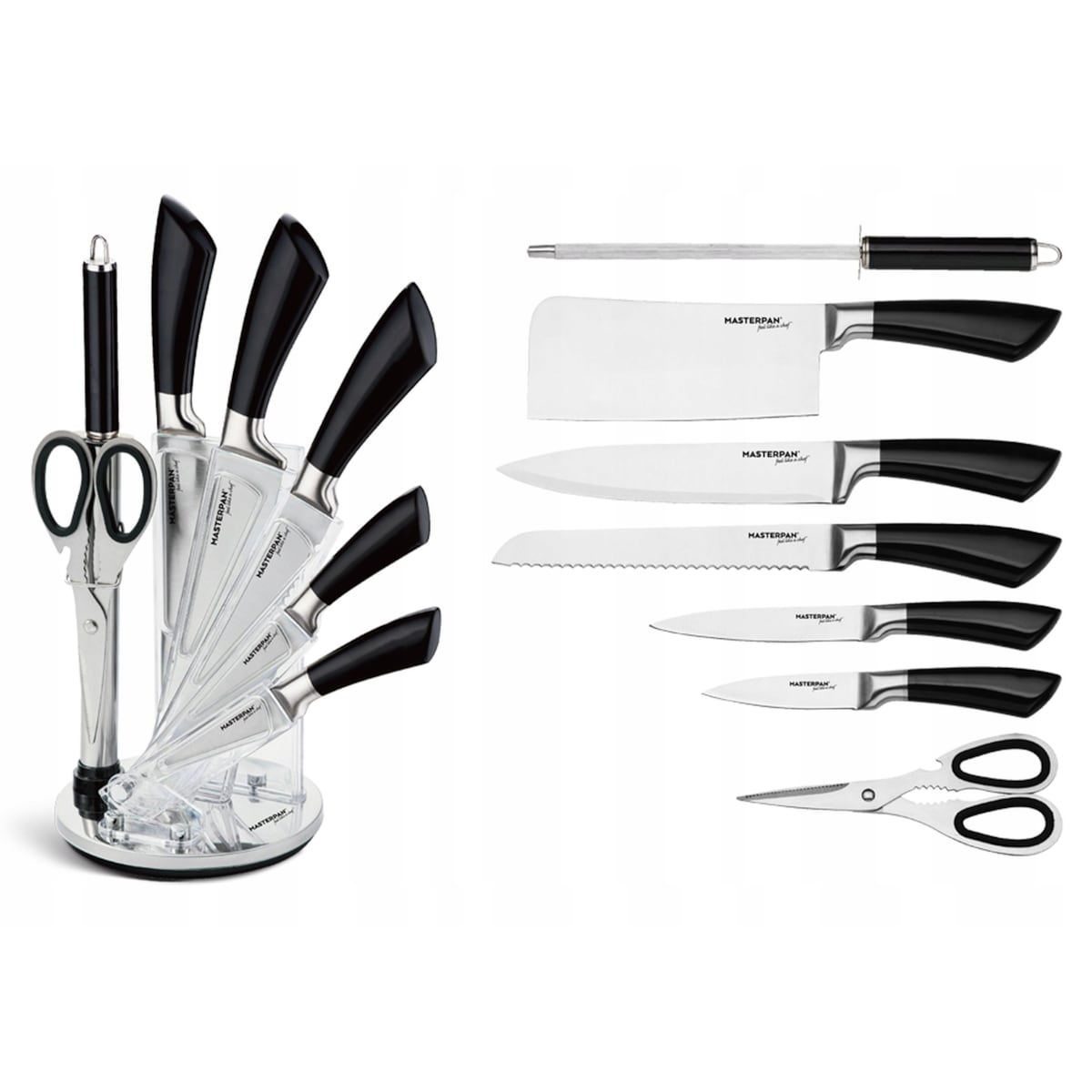 Zestaw Komplet Noży Kuchennych W Stojaku 8 Szt. Ostrzałka Nożyczki Ostre