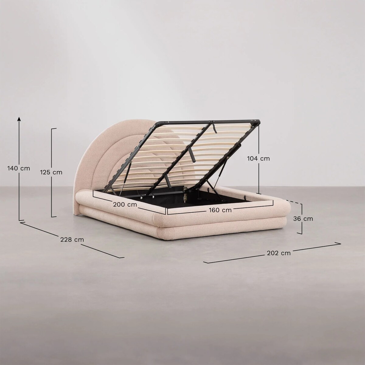 Łóżko z pojemnikiem na pościel, bouclé, blady róż Borzensi, 160x200 cm