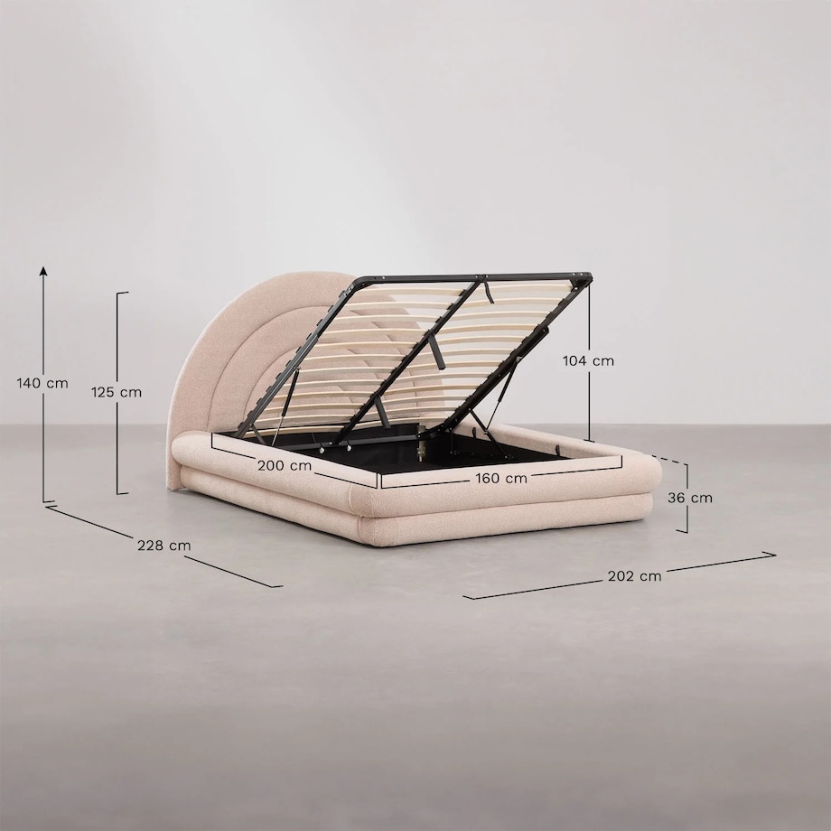 Łóżko z pojemnikiem na pościel, bouclé, blady róż Borzensi, 160x200 cm