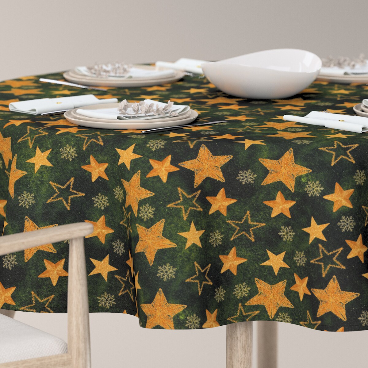 Obrus okrągły 160 x 160 cm złote gwiazdki na zielonym tle
