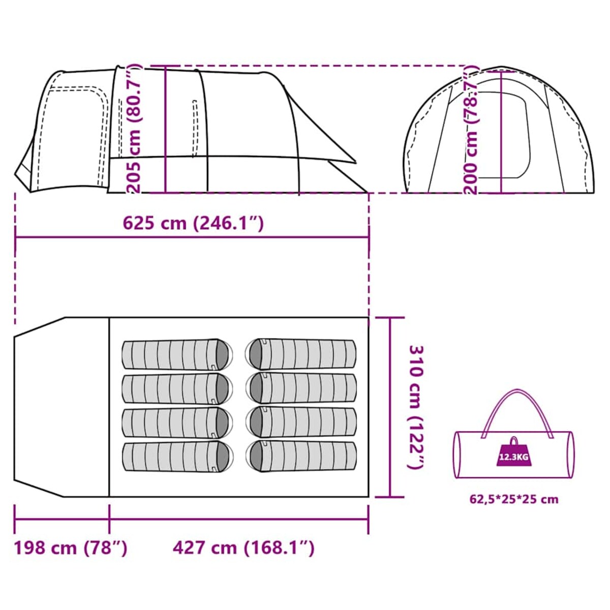 vidaXL Namiot rodzinny, tunelowy, 8-os., niebieski, wodoszczelny