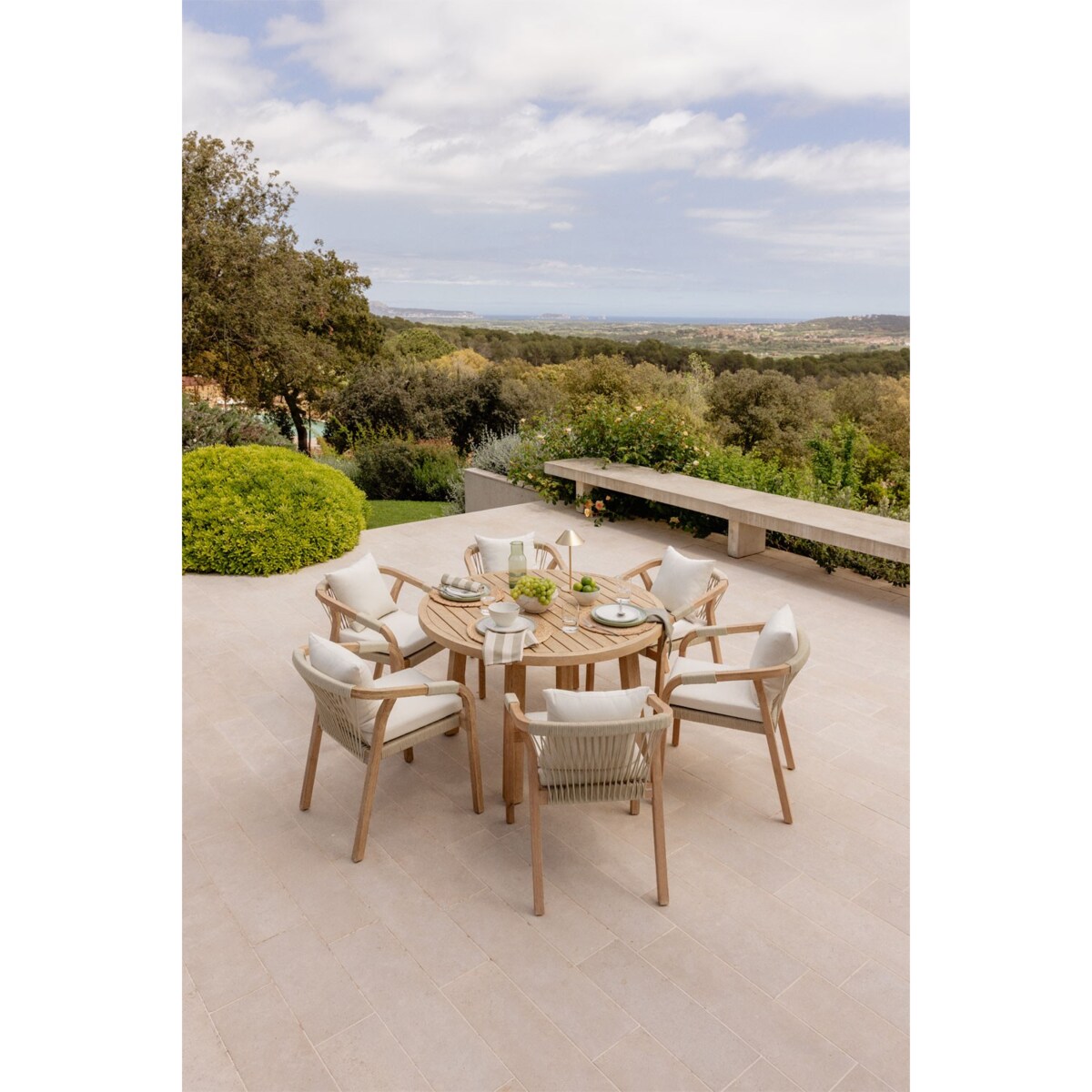 Zestaw ogrodowy: okrągły stół i 6 krzeseł z drewna akacjowego Dubai ecru