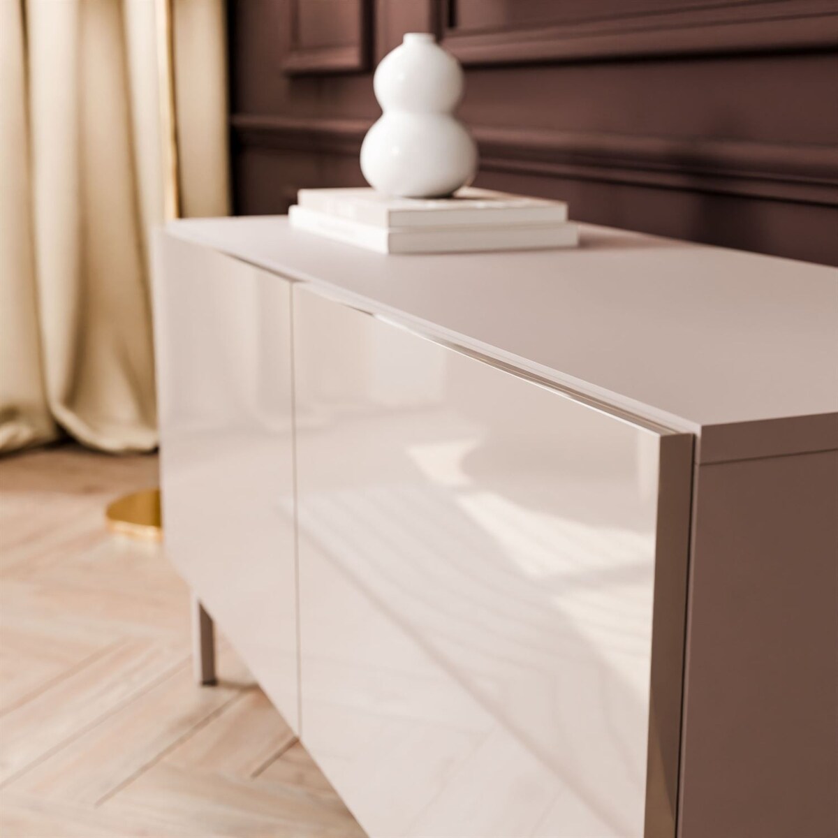 Szafka RTV COLGANTE 100 kaszmir wysoki połysk, oświetlenie LED, nóżki proste kaszmir