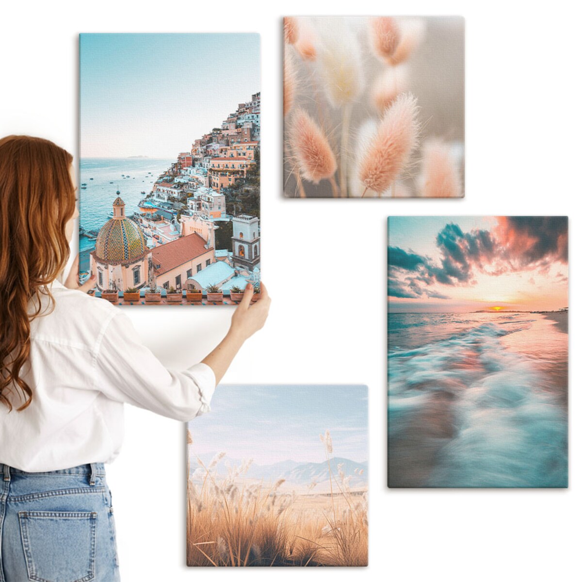 Zestaw 4 obrazów na płótnie - Morze zachód słońca domy kwiaty - turkusowy