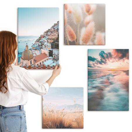 Zestaw 4 obrazów na płótnie - Morze zachód słońca domy kwiaty - turkusowy