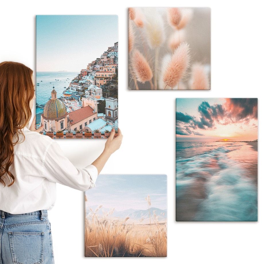 Zestaw 4 obrazów na płótnie - Morze zachód słońca domy kwiaty - turkusowy