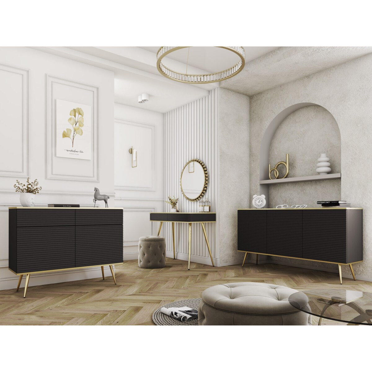 Komoda krótka 107 POLO ryflowana, na wysokich złotych nóżkach, czarna
