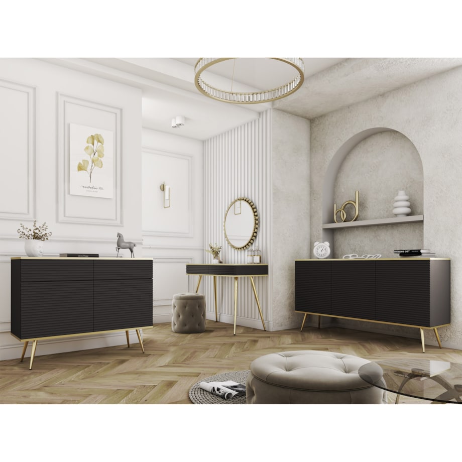 Komoda krótka 107 POLO ryflowana, na wysokich złotych nóżkach, czarna