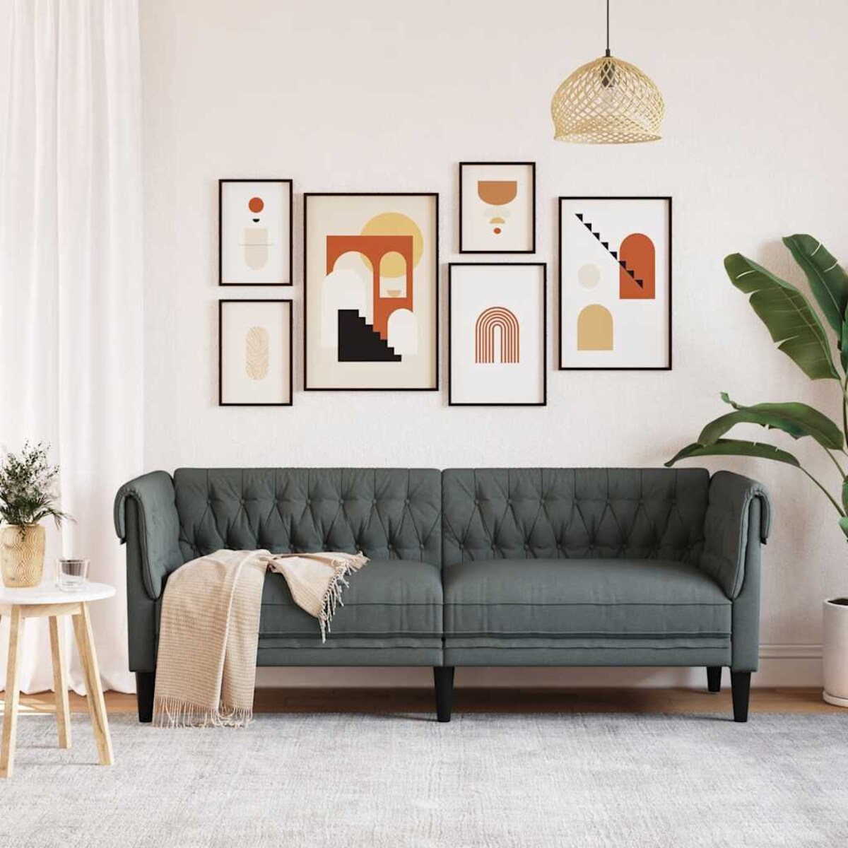 vidaXL Sofa Chesterfield, trzyosobowa, ciemnoszara, obita tkaniną