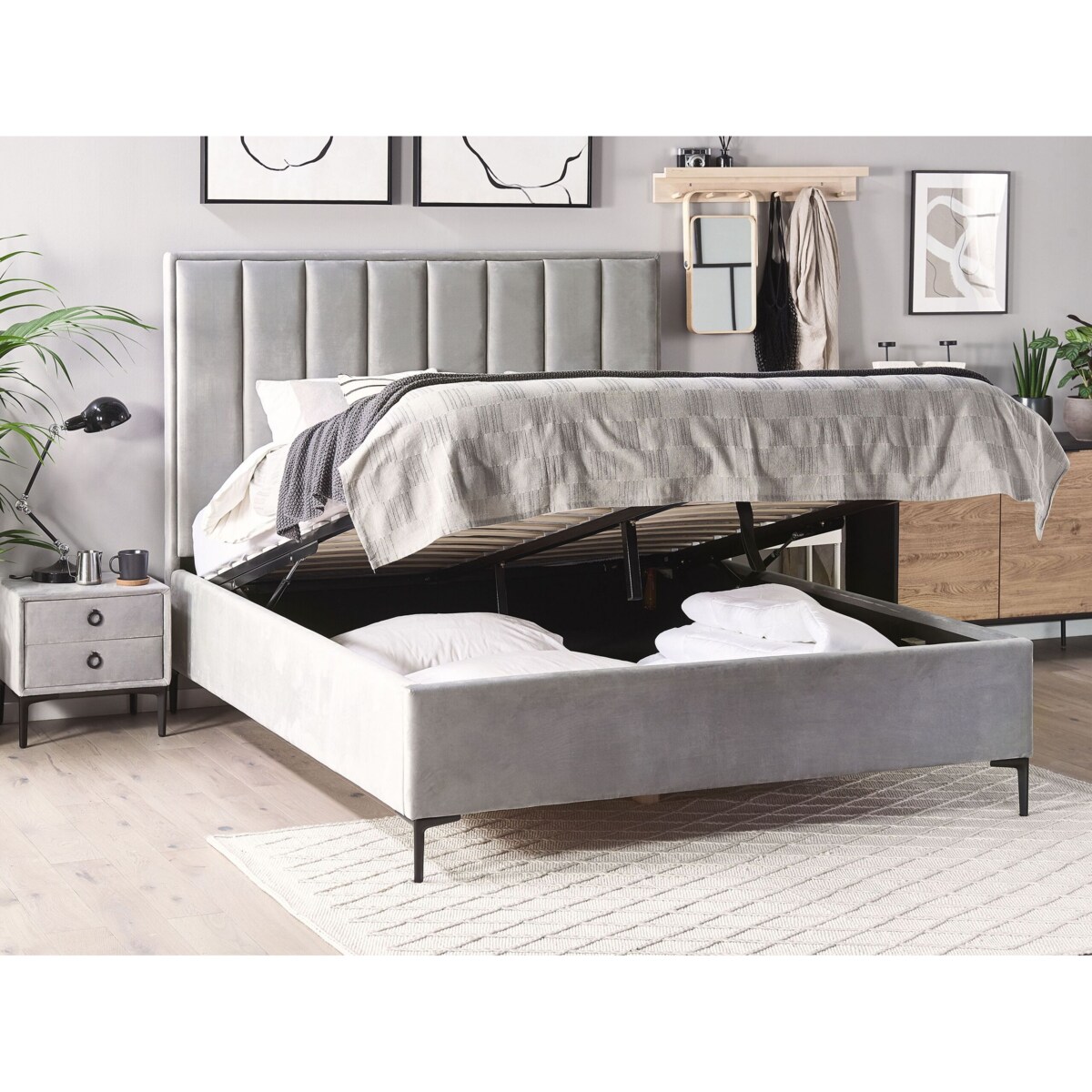 Łóżko z pojemnikiem welurowe 140 x 200 cm szare SEZANNE