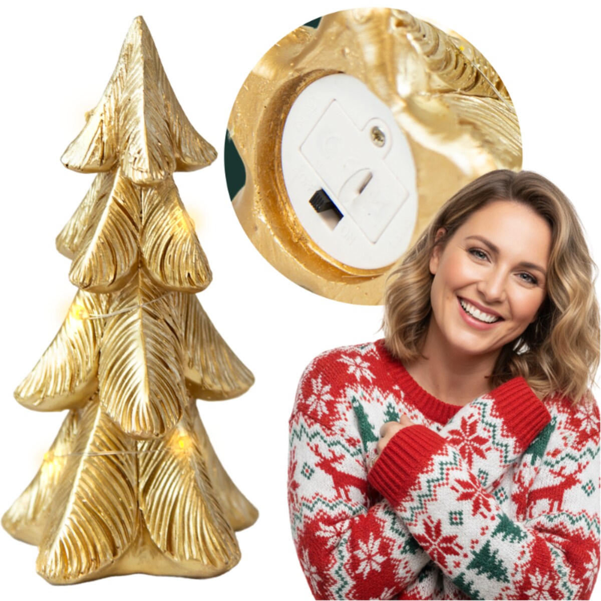 Choinka Led Złota Świecąca Figurka 15,5 Cm Ozdobna Dekoracja Świąteczna Na Baterie