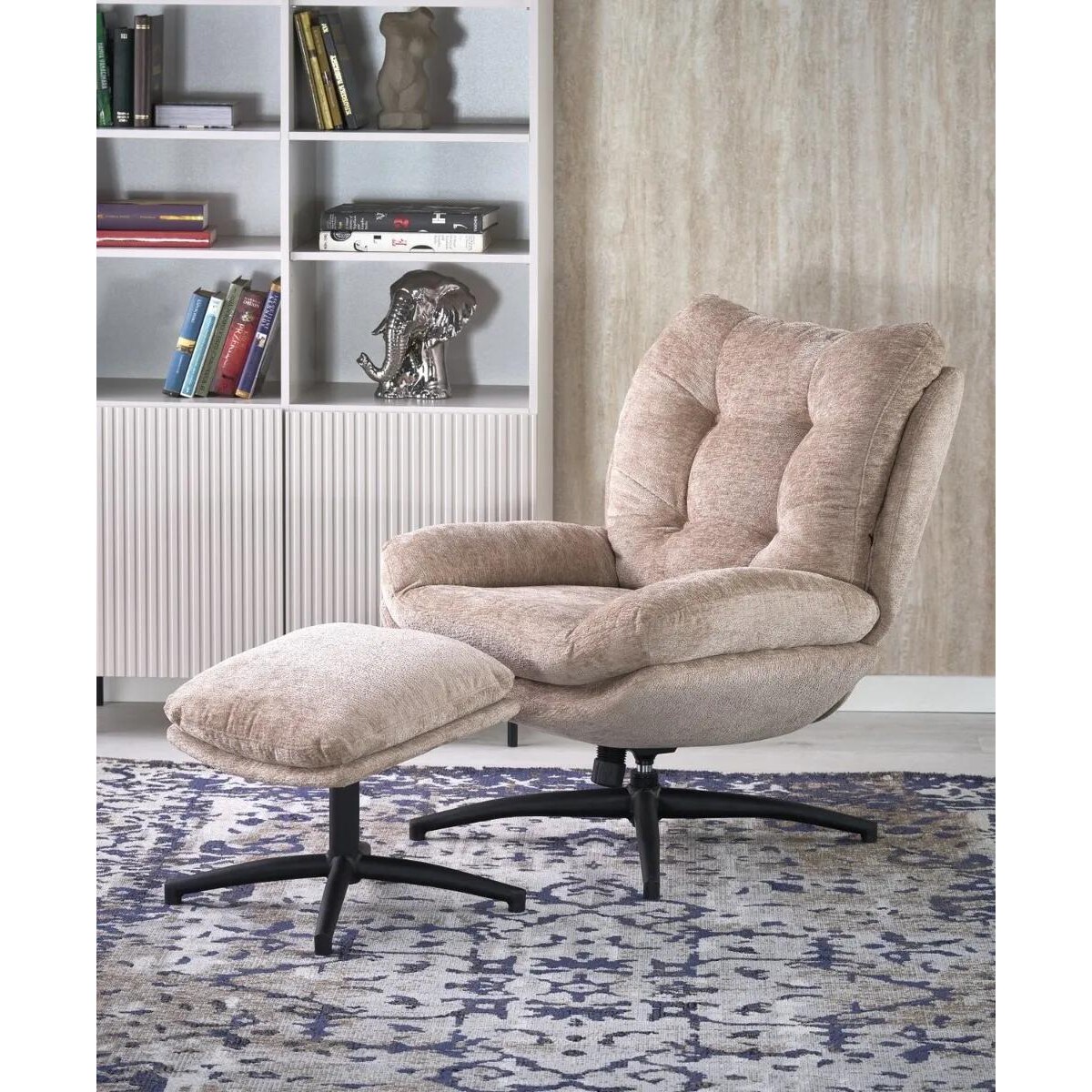 Fotel tapicerowany PESTO beżowy obrotowy z podnóżkiem