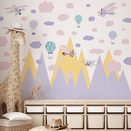 ZESTAW NAKLEJEK DLA DZIECI NA ŚCIANĘ FIOLETOWE GÓRY SAMOLOTY RETRO