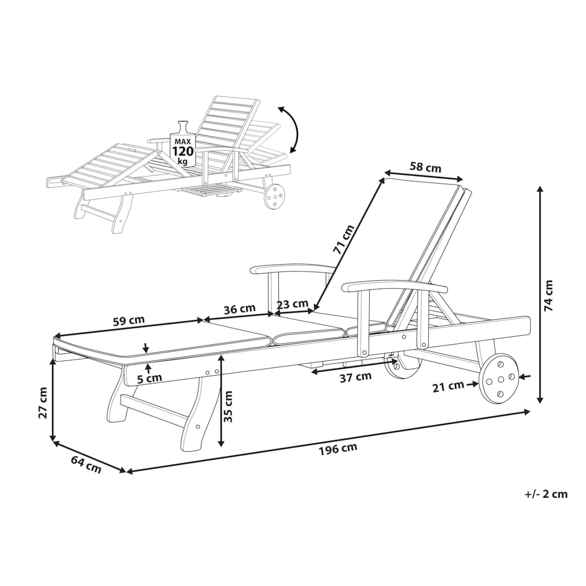Leżak ogrodowy z poduszką JAVA PREMIUM Drewno akacjowe Zielony