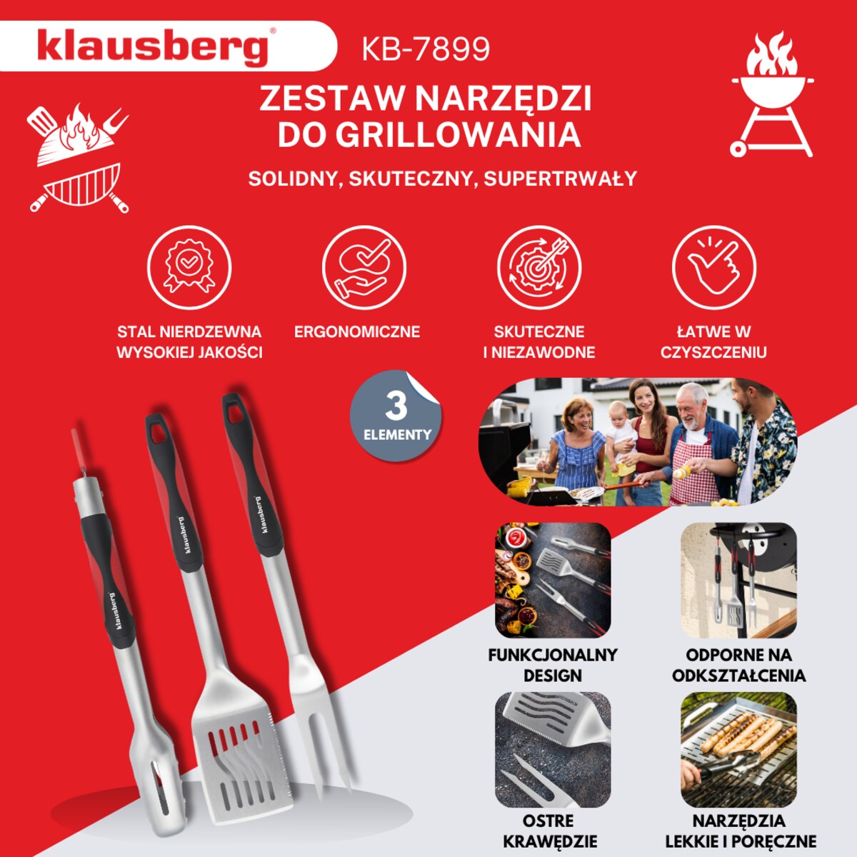 Zestaw przyborów do grilla 3 elementy narzędzia do grillowania KLAUSBERG