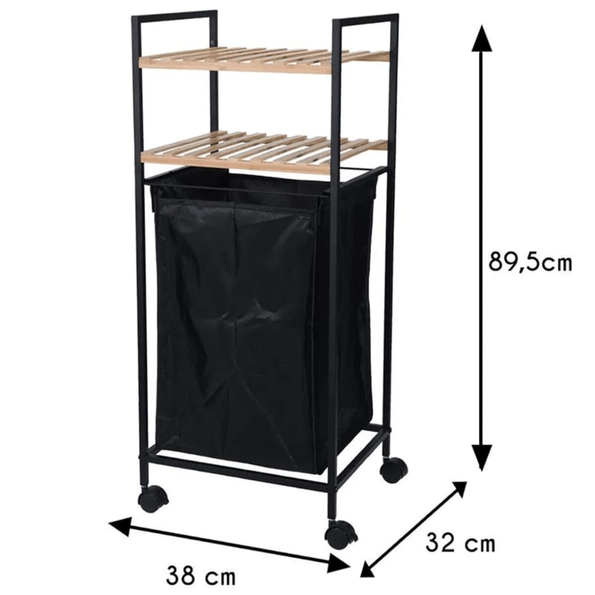 Kosz na pranie, mobilny wózek łazienkowy z 2 półkami, regał do łazienki, 2w1, kolor czarny, bambus