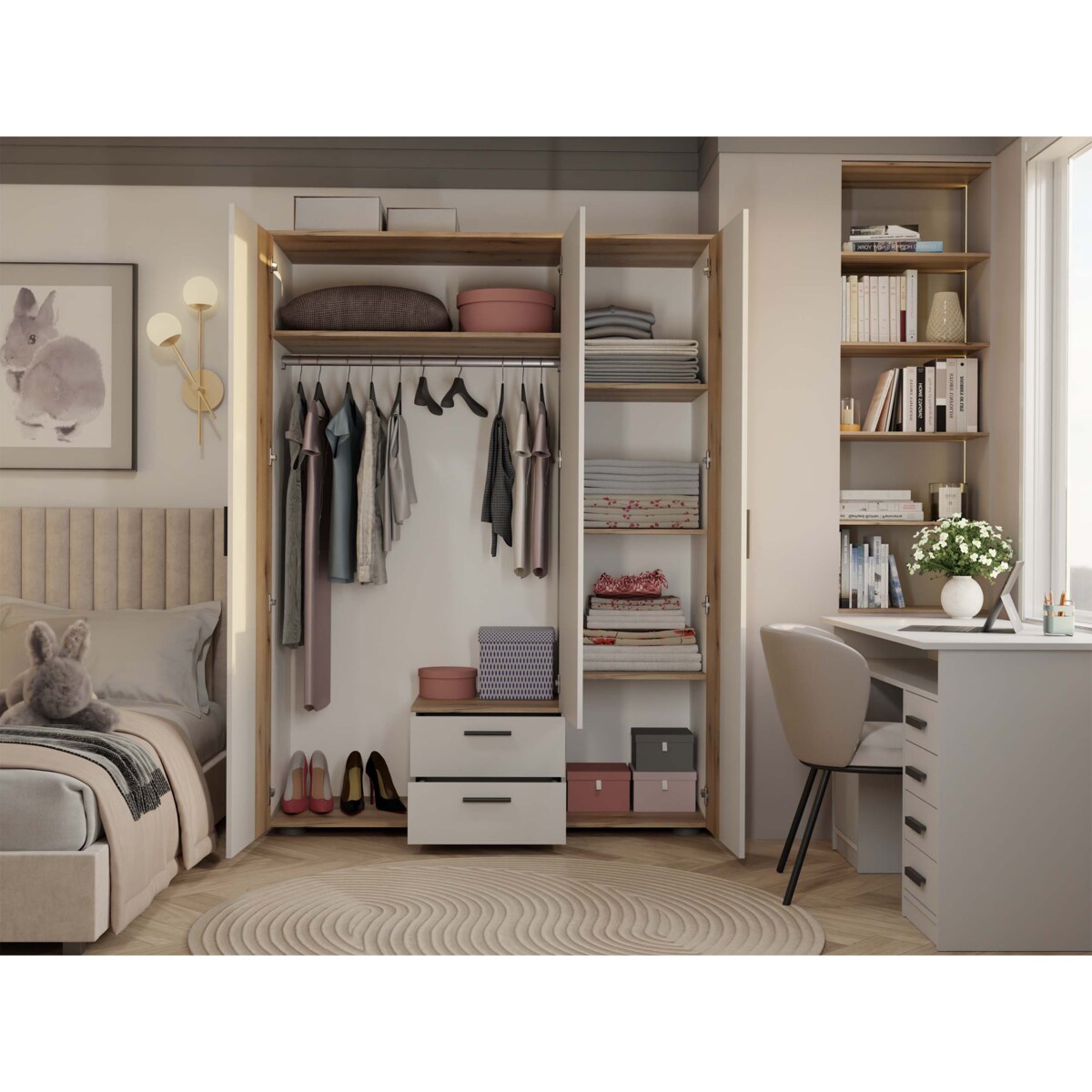 SZAFA AVA 150 CM LUSTRO 2 SZUFLADY RYFLOWANY FRONT DĄB EVOKE KASZMIR BEŻ