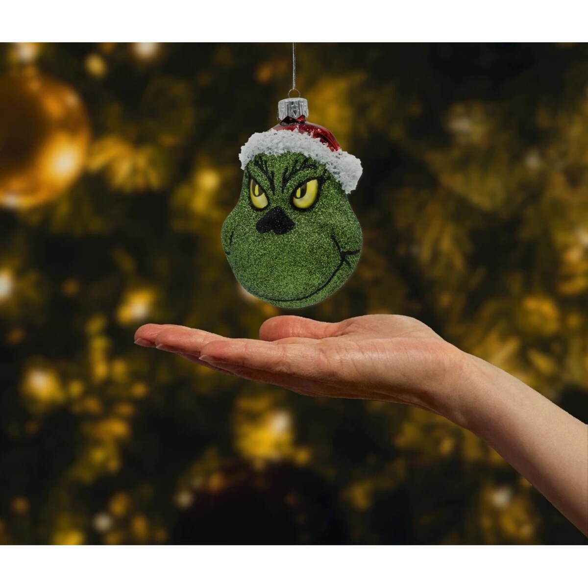 Bombka choinkowa: Zielony stwór Grinch w czapce Mikołaja: brokatowy