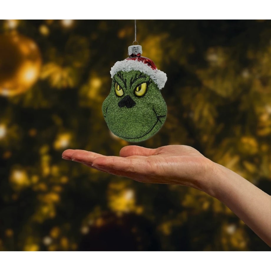 Bombka choinkowa: Zielony stwór Grinch w czapce Mikołaja: brokatowy