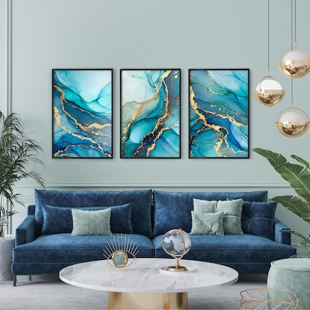 ZESTAW 3X PLAKAT W RAMIE DO SALONU NIEBIESKI MARMUR STYL GLAMOUR 60x80cm