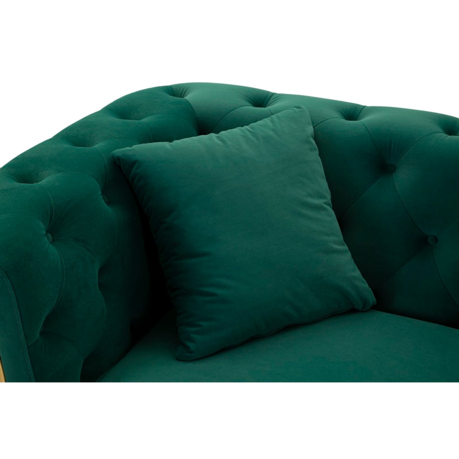 Sofa Emy, kolor zielony i złoty, poliester, drewno eukaliptusowe, drewno sosnowe, sklejka i metal, 162 x 83 x 76 cm, do salonu, Mauro Ferretti