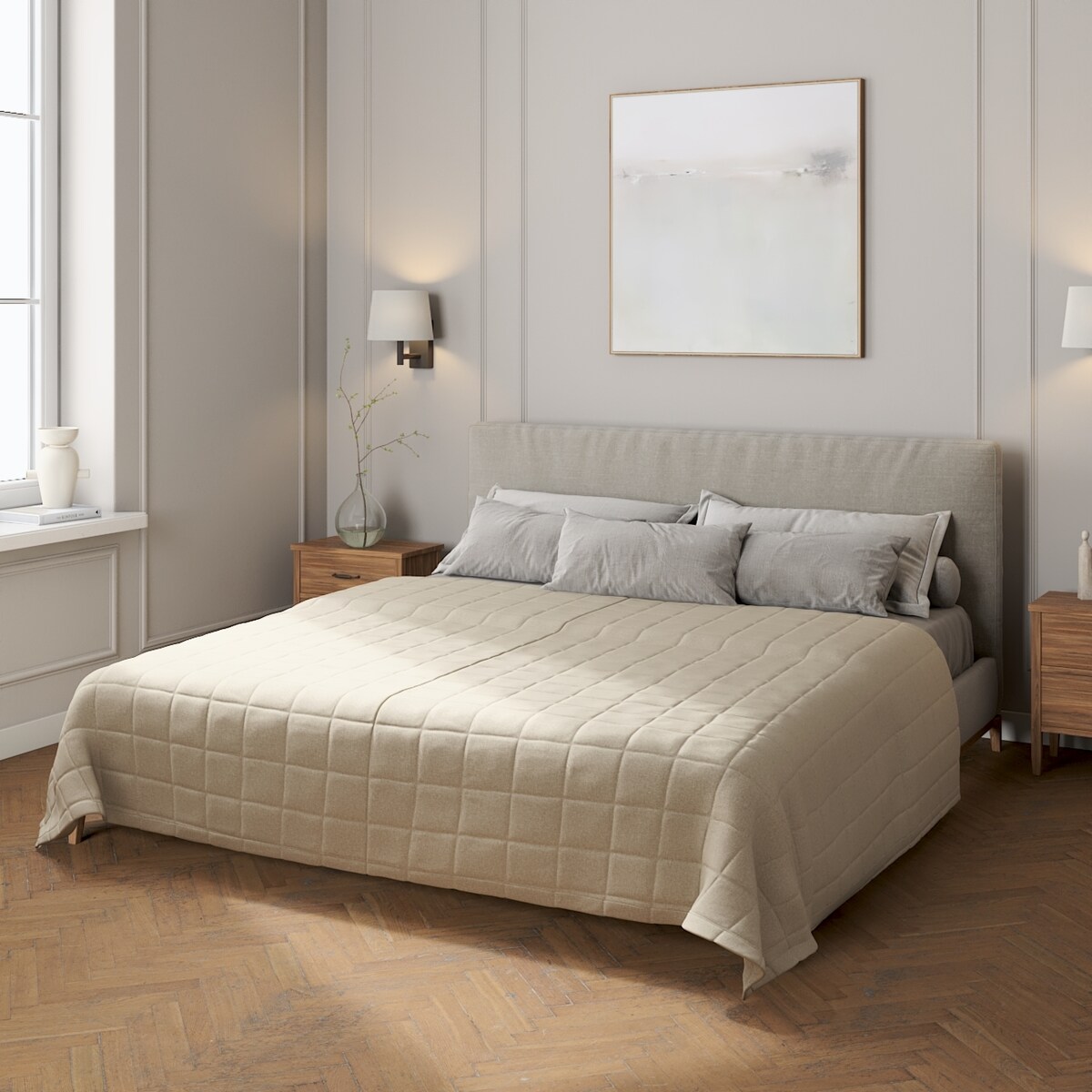 Narzuta pikowana w kratę 260x210 szaro-beżowy