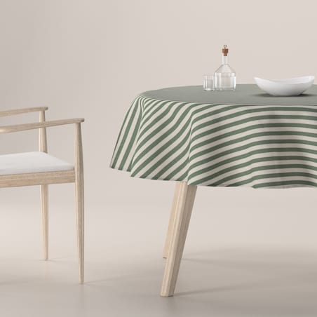 Obrus okrągły 130 x 130 cm zielono-białe pasy (1,5cm)