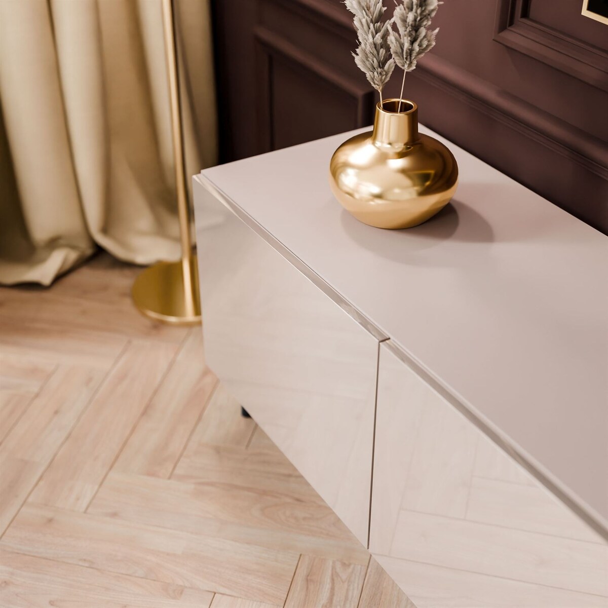 Szafka RTV COLGANTE 200 kaszmir wysoki połysk, oświetlenie LED, nóżki skośne czarne