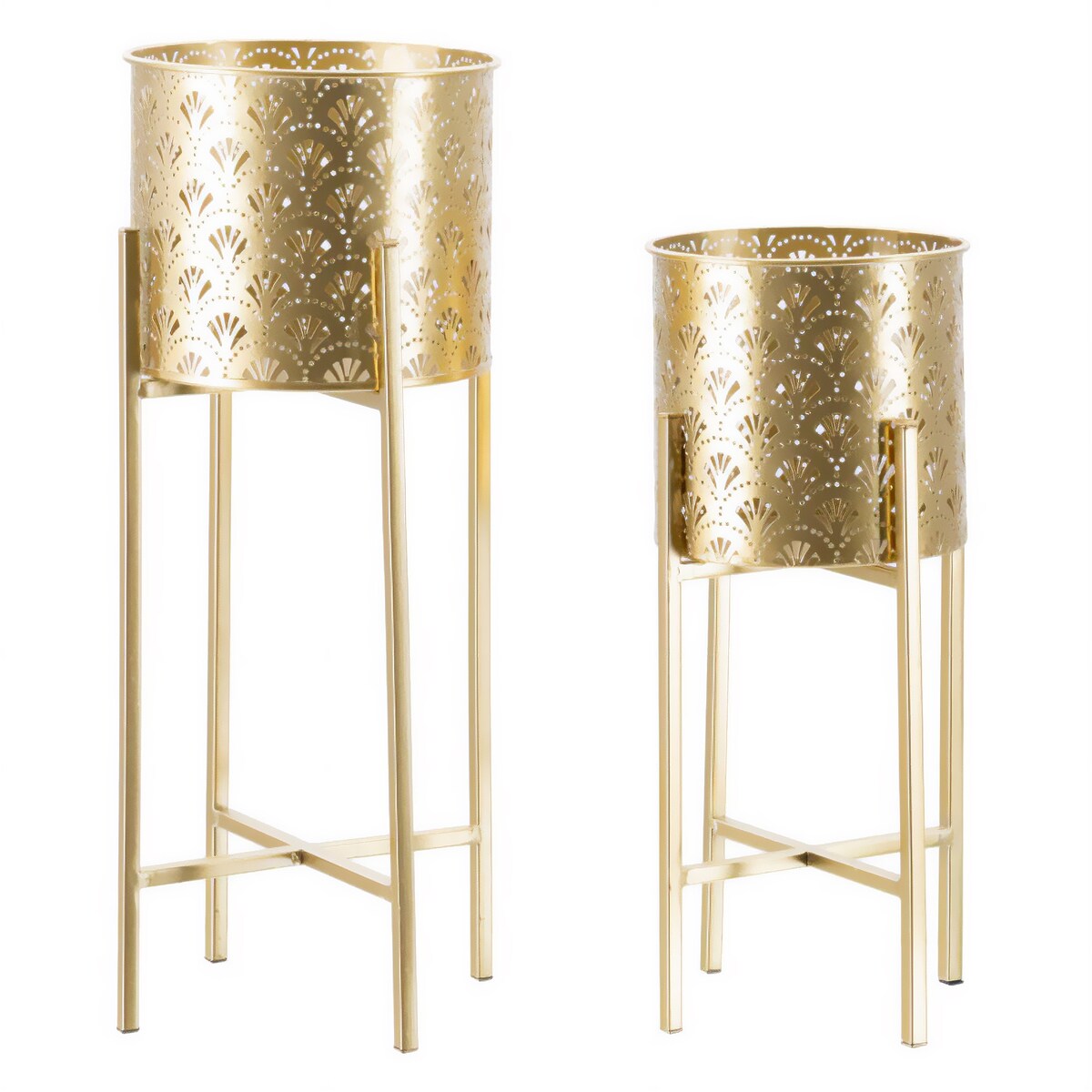 Kwietnik metalowy NAT, zestaw 2 szt., złoty, Ø 21x52 i 19x42 cm