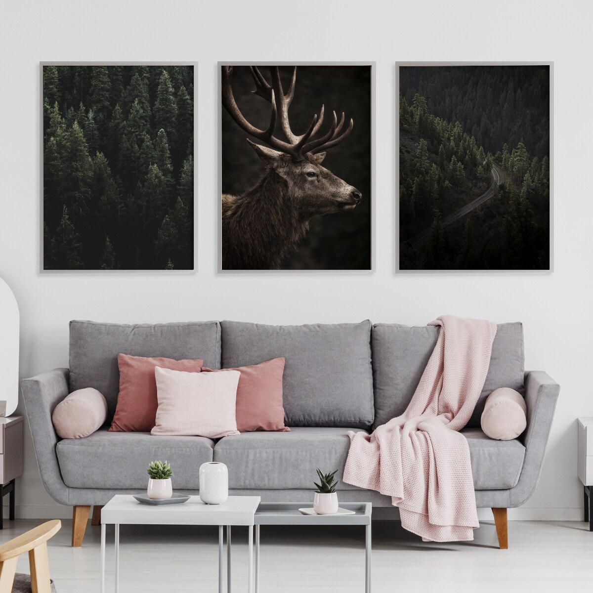 ZESTAW 3x Plakat W Ramie JELEŃ Las Pejzaże Efekt 3D 60x80cm