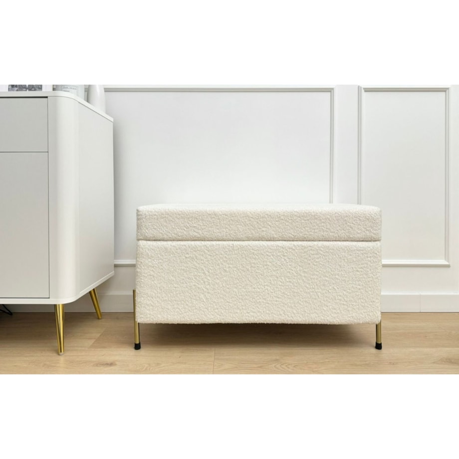 Kremowa tapicerowana ławka Dancan BORGO w tkaninie boucle z pojemnikiem, na złotych metalowych nogach