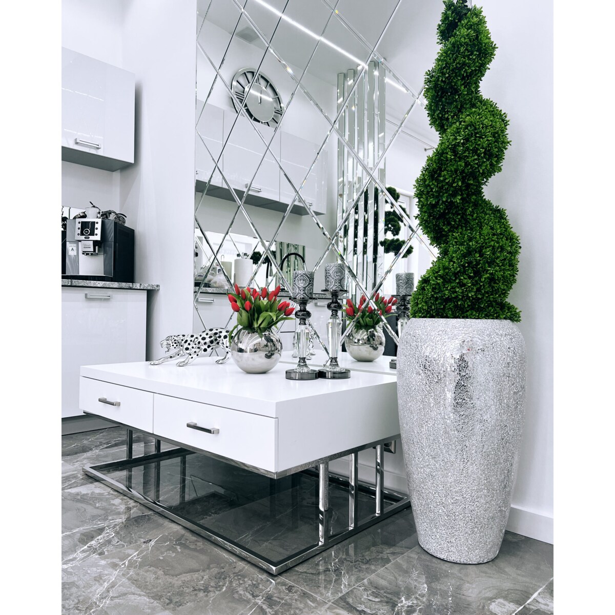 Biały srebrny stolik kawowy/ ława Biała Milano 120x70x45 / 2 pojemne szuflady