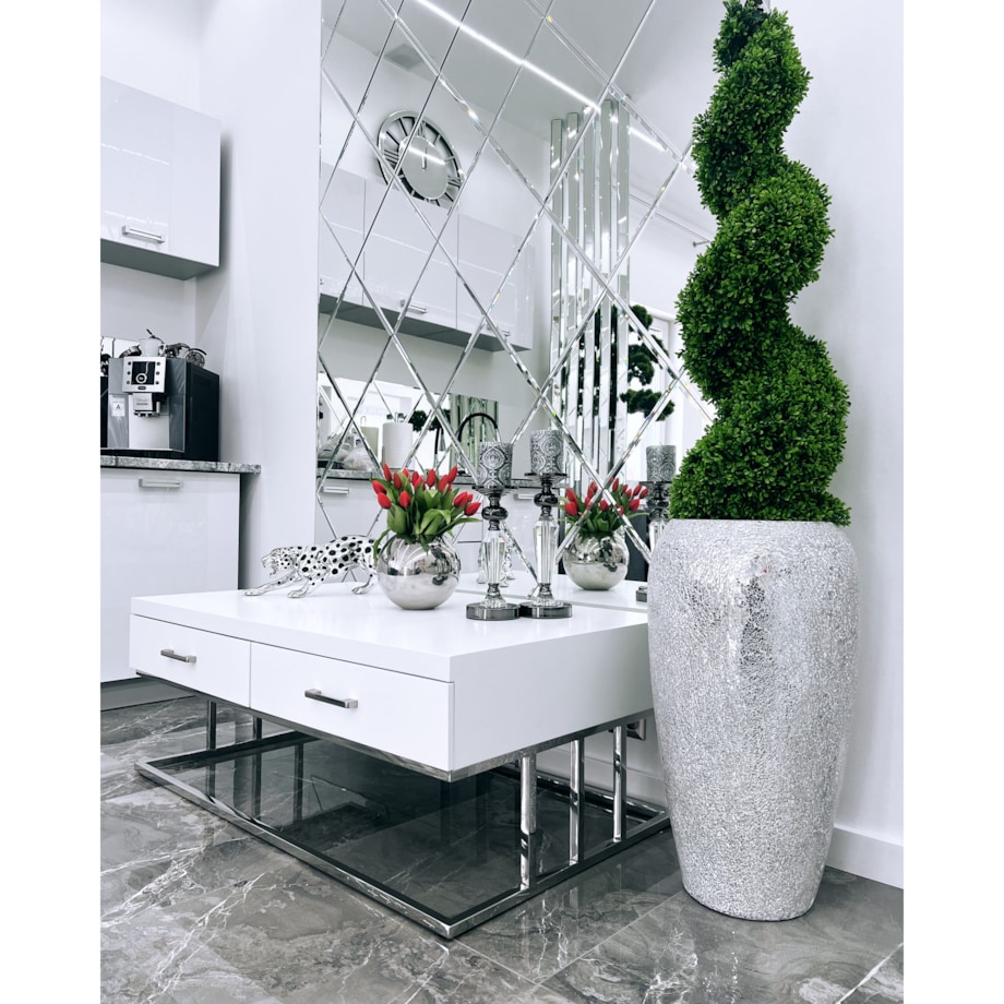 Biały srebrny stolik kawowy/ ława Biała Milano 120x70x45 / 2 pojemne szuflady