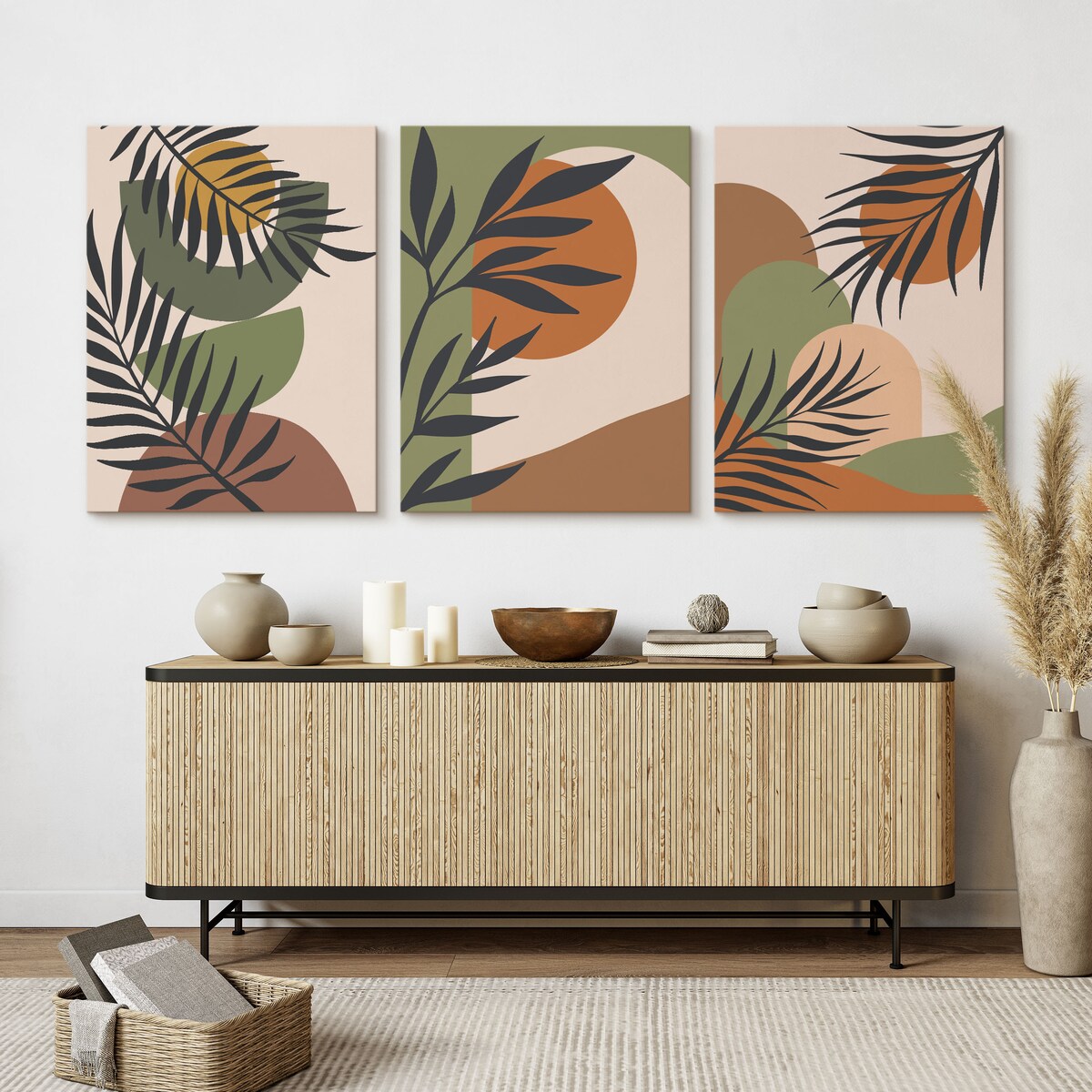 OBRAZY NA ŚCIANĘ SET ABSTRAKCJA LIŚCIE PALMOWE NATURA STYL BOHO 90x40cm