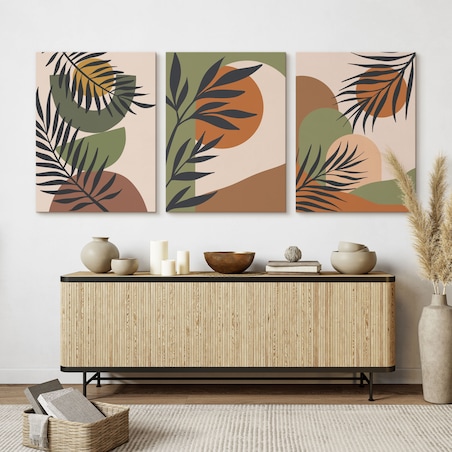 OBRAZY NA ŚCIANĘ SET ABSTRAKCJA LIŚCIE PALMOWE NATURA STYL BOHO 90x40cm