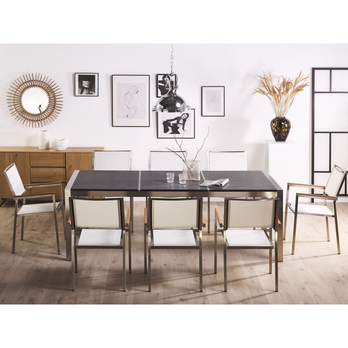 Zestaw ogrodowy stół granit palony dzielony blat czarny i 8 krzeseł białych GROSSETO