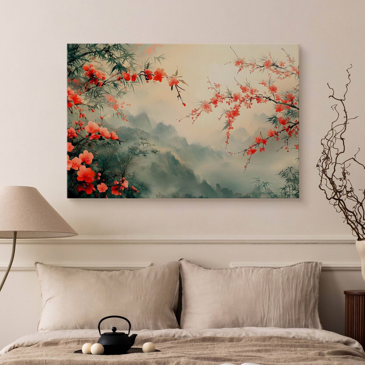 Obraz Do Salonu Czerwone Kwiaty Góry We Mgle Natura Styl Japoński 120x80cm