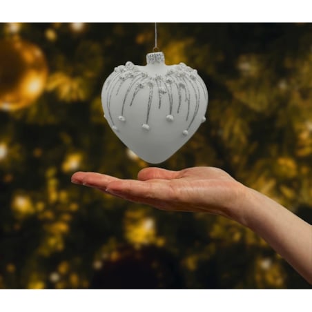 Bombka choinkowa: Serce matowe z brokatem: białe