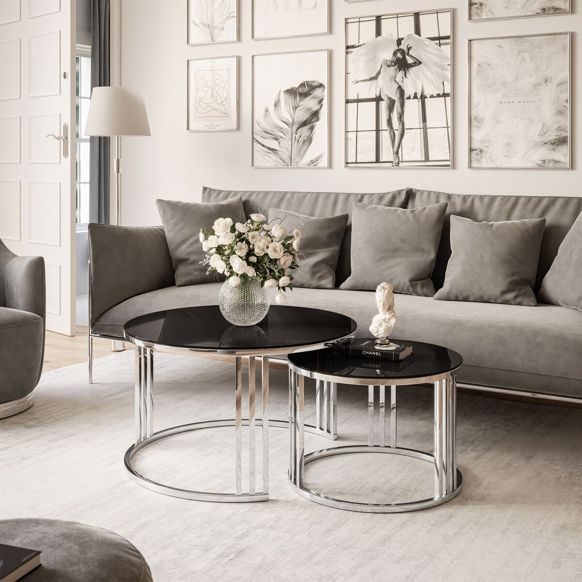 Stolik LORI 2w1 chrom czarne szkło