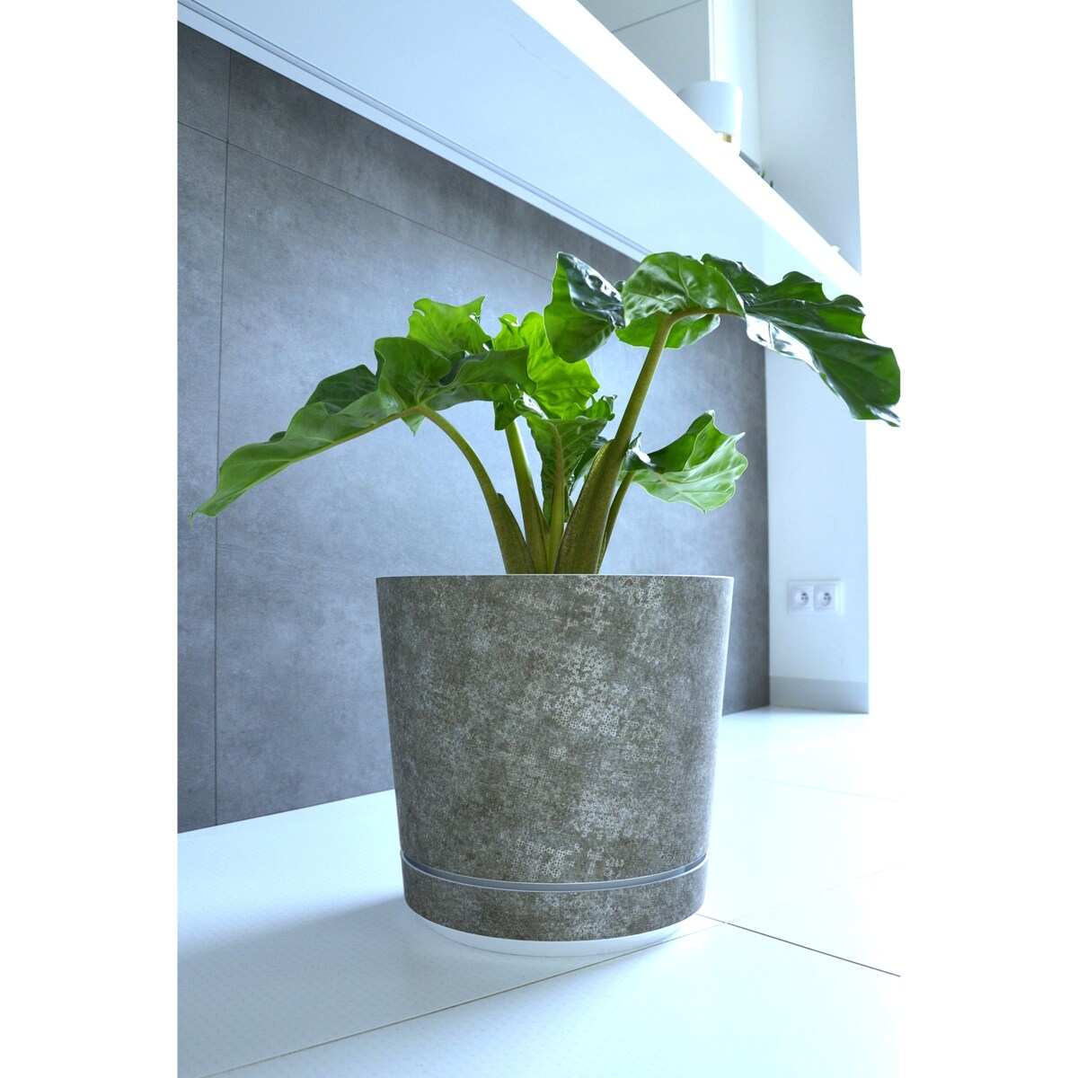 26 cm wzór Szary gres TRIBECA 013 Doniczka z podstawką matowa donica z połyskującym srebrnym wzorem