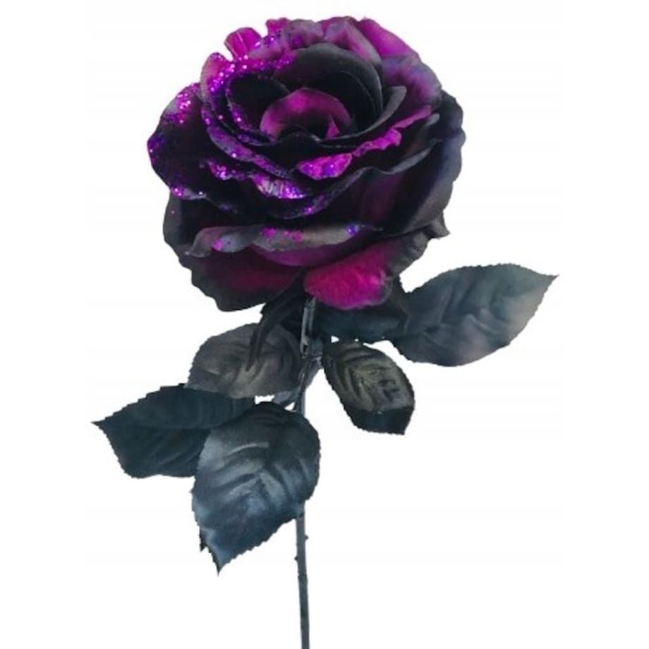 ŁODYGA RÓŻA Z BROKATEM fioletowo czarna liść do flakonu święta bukietu 65cm