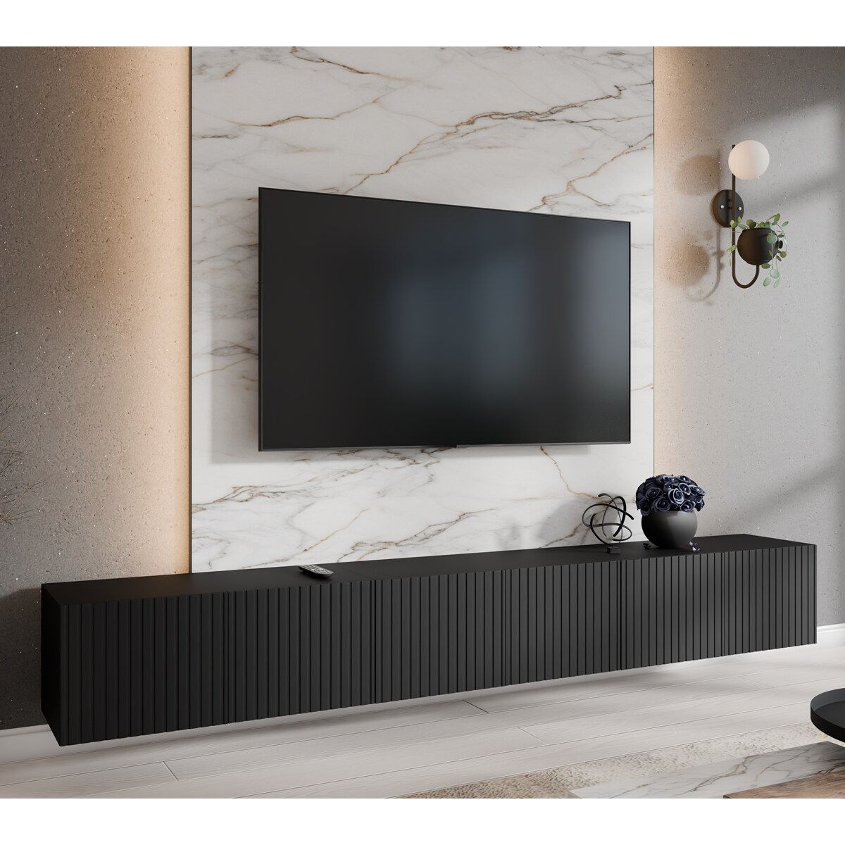 Szafka RTV RIO 300 cm zamknięta pod telewizor, ryflowana- czarna