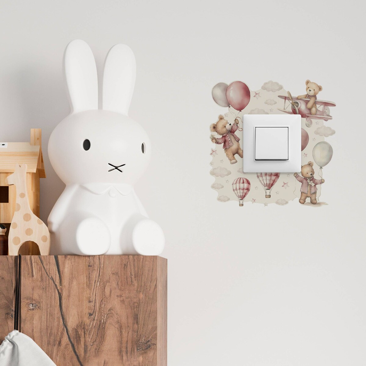Naklejka Pod Włącznik Misie Różowe Balony Chmurki Gwiazdki Boho Dla Dzieci 20x20cm