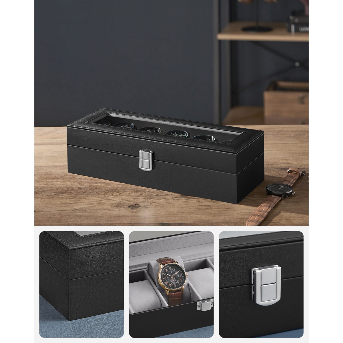 Kasetka Szkatułka Na Zegarki Biżuterie Prostokątna Czarna