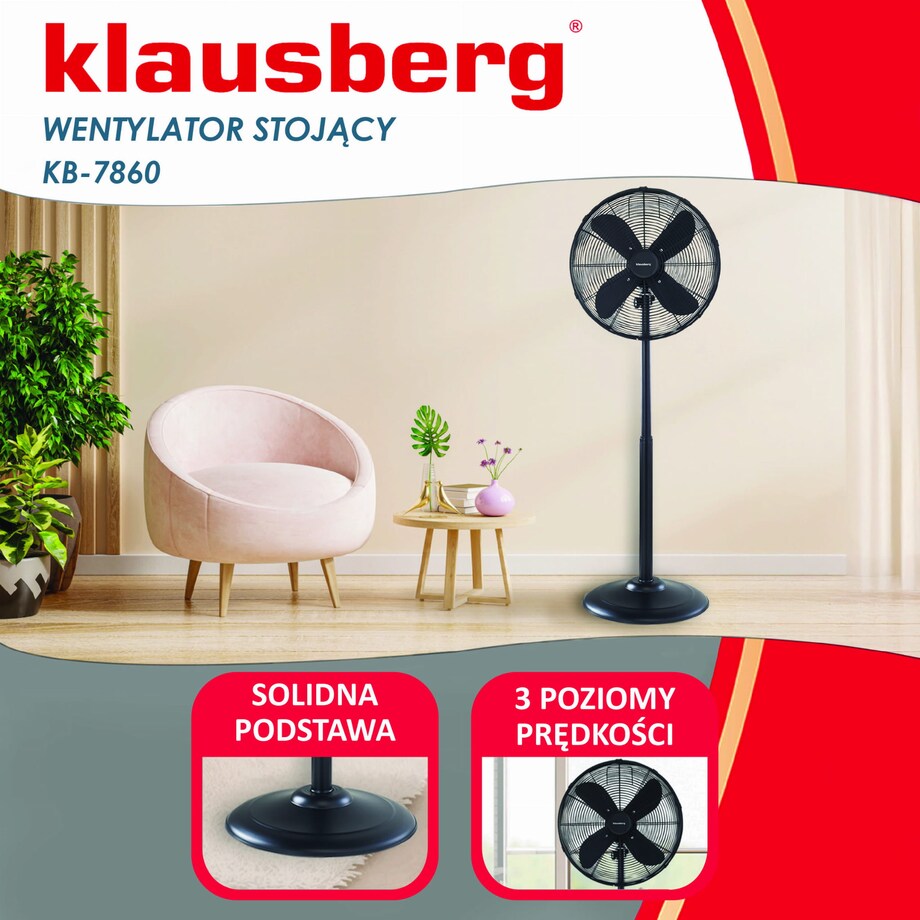 Wentylator stojący podłogowy 40cm 50W metalowy czarny KLAUSBERG